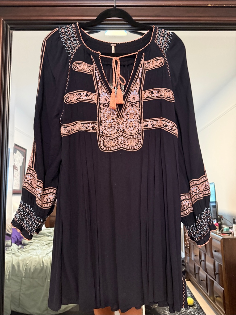 Vintage Boho Embroidered Free People Long-Sleeve Dress xs